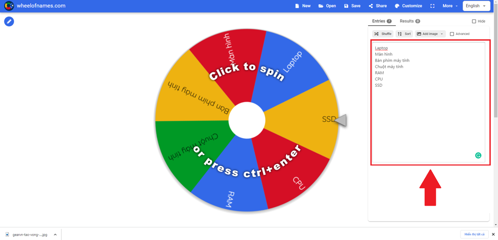 GEARVN -  Tạo vòng quay may mắn với trang web Wheel of names
